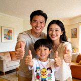 一个快乐的家庭，父母和孩子一起对着镜头竖起大拇指